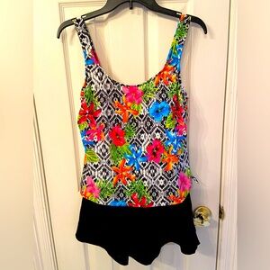 Women’s Tropical Floral Print One Piece Skirted Swimsuit